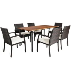 Tangkula 7PCS Patio Dining Furniture Set W/ Wooden Tabletop Cushion Umbrella Hole