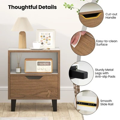 Tangkula Nightstand Mid Century Modern Bedside Table W/ Drawer Open Storage Shelf 5 Tangkula Nightstand Mid Century Modern Bedside Table W/ Drawer Open Storage Shelf - Image 3