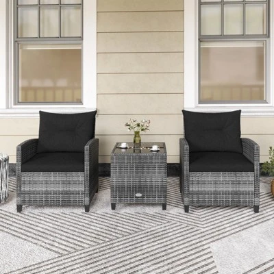 Tangkula 3 Pieces Patio Bistro Set Outdoor PE Rattan Conversation Chair Set With Tempered Glass Side Table And Removable Cushions Black 3 Tangkula 3 Pieces Patio Bistro Set Outdoor PE Rattan Conversation Chair Set With Tempered Glass Side Table And Removable Cushions Black