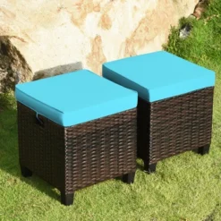 Tangkula Set Of 2 Patio Rattan Ottoman Footrest Garden Outdoor W/ Brown/Turquoise/Navy Cushion -Beauty house GUEST 4c7110db 61cb 4898 846c 33749cba105f