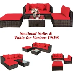 Tangkula 5PCS Rattan Sectional Sofa Set Patio Furniture Set W/ Red Cushion Pillow -Beauty house GUEST 4d06ef64 fb9d 4ace 9059 c4703b52f548