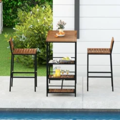 Tangkula 3 Pieces Outdoor Wood Bar Set W/ 3-Tier Storage Shelf & Metal Frame For Backyard -Beauty house GUEST 4e834b83 0f63 48be a09c f7e0989dc856