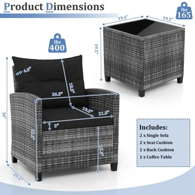 Tangkula 3 Pieces Patio Bistro Set Outdoor PE Rattan Conversation Chair Set With Tempered Glass Side Table And Removable Cushions Black 9 Tangkula 3 Pieces Patio Bistro Set Outdoor PE Rattan Conversation Chair Set With Tempered Glass Side Table And Removable Cushions Black - Image 7