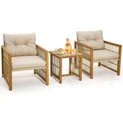 Tangkula 3PCS Patio Acacia Wood PE Wicker Furniture Set W/ Soft Seat & Back Cushions -Beauty house GUEST 4eb74141 b2b6 4f07 9486 f9c569f3ad56