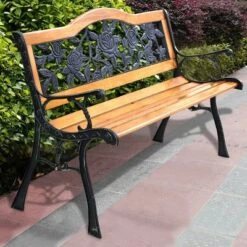 Tangkula Garden Cast Iron Bench Porch Path Loveseat Hardwood Chair For Patio Park -Beauty house GUEST 4f72163b 1dbe 479b 976b 2633fecd6386