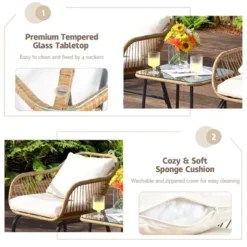 Tangkula 3PCS Patio Rattan Furniture Set Outdoor Bistro Set W/Washable Cushion Conversation Set W/2 Armchairs For Backyard White -Beauty house GUEST 4f7a3bd3 42b0 4ed6 9774 0421fec87073