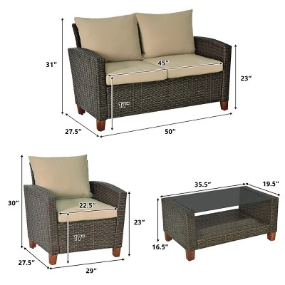 Tangkula 4PCS Cushioned Rattan Conversation Set W/ Coffee Table Patio Outdoor 10 Tangkula 4PCS Cushioned Rattan Conversation Set W/ Coffee Table Patio Outdoor - Image 8