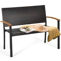 Tangkula 2 PCS Patio Furniture Set Weather-Resistant Rattan Bench Wicker Loveseat Steel Frame For Yard Garden Poolside -Beauty house GUEST 501a356a 3c49 454a bbef aa353334391b