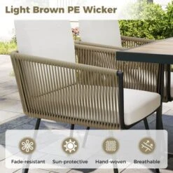 Tangkula Set Of 5 Patio Dining Set Outdoor Square Table And Chairs W/ Acacia Wood Tabletop PE Wicker Armrests And Cushions Patio Furniture Set