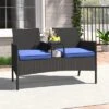 Tangkula Outdoor Rattan Loveseat 2-Seat Patio Conversation Set With Built-in Coffee Table Cushions Wicker Bench Furniture Blue -Beauty house GUEST 50de3128 9bda 4edd 970e ca3739b59b0e