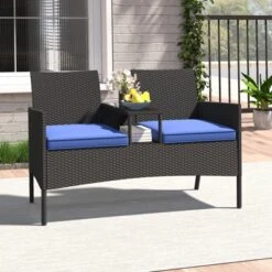 Tangkula Outdoor Rattan Loveseat 2-Seat Patio Conversation Set With Built-in Coffee Table Cushions Wicker Bench Furniture Blue