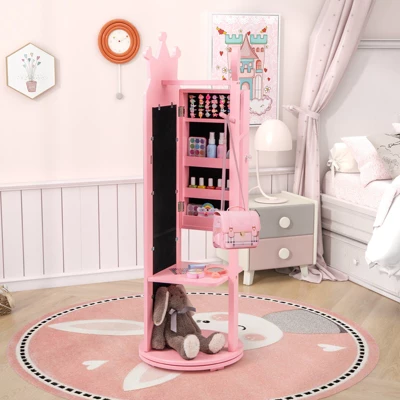 Tangkula Kids Jewelry Cabinet Standing Children Jewelry Organizer W/ Full-Length Mirror 3 Tangkula Kids Jewelry Cabinet Standing Children Jewelry Organizer W/ Full-Length Mirror