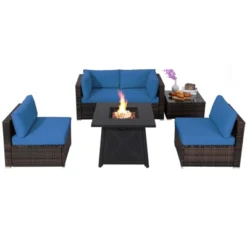 Tangkula 6-Piece Patio Furniture Set W/ 30" Propane Fire Pit Table Outdoor PE Wicker Conversation Set W/ Cushions &Tempered Glass Coffee Table -Beauty house GUEST 51285788 5fd4 4c18 8508 add2b00f1a60