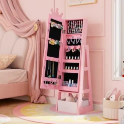Tangkula Kids Jewelry Cabinet W/ Full-Length Mirror Foldable Drawer Anti-toppling System