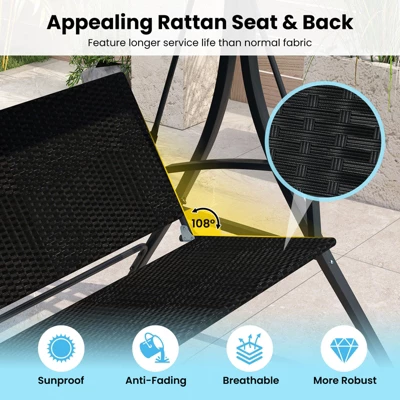 Tangkula 3-Person Porch Swing W/ Stand W/ Rattan Seat Back Metal Frame Adjustable Shade 6 Tangkula 3-Person Porch Swing W/ Stand W/ Rattan Seat Back Metal Frame Adjustable Shade - Image 4