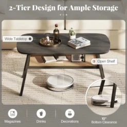 Tangkula 2-Tier Coffee Table W/ Rattan Storage Shelf & Rubber Wood Legs For Living Room -Beauty house GUEST 52950ecc b37a 4e35 bb4f 50944466c94c