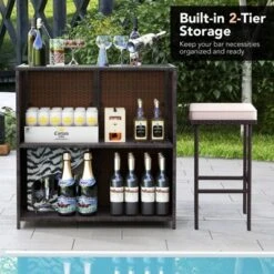 Tangkula 3 Pieces Patio Bar Set PE Wicker Outdoor Bar Table & Stools Set W/ Removable Cushions -Beauty house GUEST 52e0862d 7c3c 4539 b0d7 5ed3f600f267