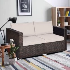 Tangkula 4PCS Rattan Corner Sofa Set Patio Outdoor Furniture Set W/ Beige Cushions -Beauty house GUEST 5310523a 681b 4675 a6b7 c6e8809a6a98 1