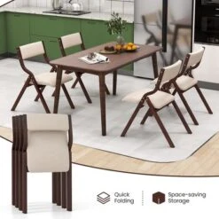 Tangkula Folding Dining Chairs Set Of 4 Wooden Table Chairs W/ Padded Seat Modern Coffee & Beige -Beauty house GUEST 542947e7 6f7a 40ff 8919 f9ee78c96200