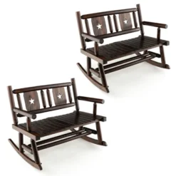 Tangkula 2PCS Carbonized Wood Rocking Bench Double Rocking Chair For 2 Persons W/ Wide Curved Seat -Beauty house GUEST 542f3eb5 036e 41eb a8a5 71245c5f2cad
