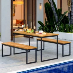 Tangkula Patio Dining Bench Set Of 2, 2-3-person Backless Bench With Slatted Seat & Metal Legs Outdoor Bench For Entryway Garden Poolside Natural -Beauty house GUEST 54a46078 e218 43b6 a78f 46981dbfd87a