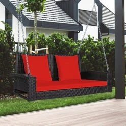 Tangkula Outdoor Wicker Porch Swing Bench 2-Person Patio Rattan Swing Chair W/ Soft Cushions White/Turquoise/Red/Black