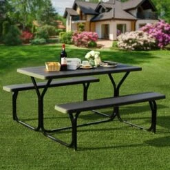 Tangkula Outdoor Picnic Table Bench Set Patio Camping Table W/Steel Frame & Wood Texture Tabletop For Garden