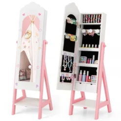 Tangkula Kids Jewelry Armoire Cabinet Freestanding Full Length Dressing Mirror With Large Capacity Pink/White -Beauty house GUEST 570a4971 732a 4040 ab31 7cd53f82efbf
