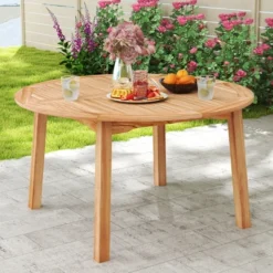 Tangkula Round Patio Dining Table Acacia Wood Outdoor Dining Table W/ 2" Umbrella Hole