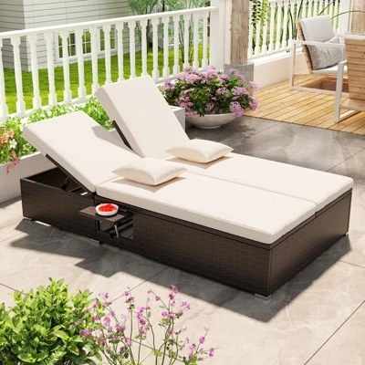 Tangkula Patio Double Chaise Lounge 6 Position Adjustable Wicker Recliner Bed With Cushions & Folding Side Trays 4 Tangkula Patio Double Chaise Lounge 6 Position Adjustable Wicker Recliner Bed With Cushions & Folding Side Trays - Image 2