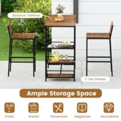 Tangkula 3 Pieces Outdoor Wood Bar Set W/ 3-Tier Storage Shelf & Metal Frame For Backyard -Beauty house GUEST 57ba8b37 b8ee 4ce2 af9a dde998eda11d