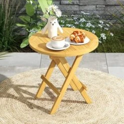 Tangkula Patio Folding Side Table W/ X-shaped Legs & Slatted Tabletop For Backyard