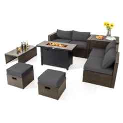 Tangkula 9 Pieces Outdoor Patio Furniture Set With 42" Propane Fire Pit Table Outdoor PE Wicker Space-Saving Sectional Sofa Set Black/Gray/Navy/Red/Turquoise/Off White -Beauty house GUEST 58d9a38b 85bf 4cd1 ad99 c44160ad7348