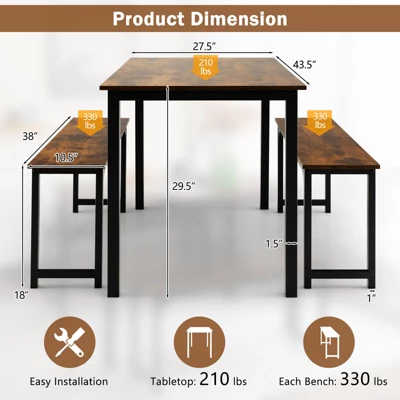 Tangkula 3pcs Dining Table Set For 4 Modern Industrial Counter Height Kitchen Table Set With 2 Benches For Dining Room Natural/Brown 11 Tangkula 3pcs Dining Table Set For 4 Modern Industrial Counter Height Kitchen Table Set With 2 Benches For Dining Room Natural/Brown - Image 9