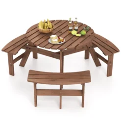 Tangkula 6-Person Round Picnic Table Set W/ 3 Built-in Benches 2" Umbrella Hole -Beauty house GUEST 597ccb7b 951d 42e6 8571 b5acd92af59d
