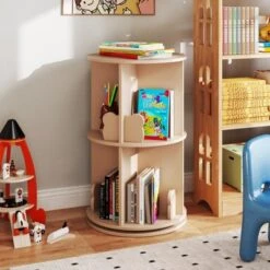 Tangkula Kids Rotating Bookshelf Round Spinning Corner Bookcase W/Bear Baffles Coffee