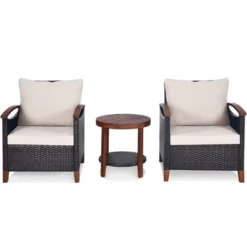 Tangkula 3PCS Patio Wicker Sofa Set Acacia Wood Frame W/ Cushion Covers Beige & Turquoise -Beauty house GUEST 5a41b31e 3fa6 4ed5 b3d9 646157828eb0