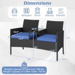 Tangkula Outdoor Rattan Loveseat 2-Seat Patio Conversation Set With Built-in Coffee Table Cushions Wicker Bench Furniture Blue -Beauty house GUEST 5aa6214e ee30 452f a2da 7efea3f15eba