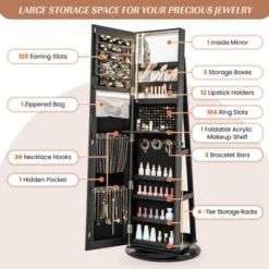 Tangkula 360° Rotating Mirrored Jewelry Cabinet Armoire 3 Color LED Modes Lockable Black -Beauty house GUEST 5acbbf1e 838b 4f74 9d8c a06f130fb07f