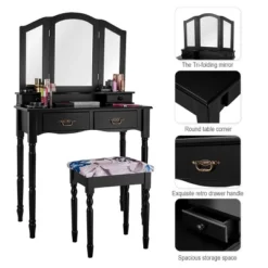 Tangkula Tri Folding Vanity Mirror Makeup Table Set W/4 Drawers & Stool White -Beauty house GUEST 5ae61dbe 537c 45a8 9872 258bf8bf2dce