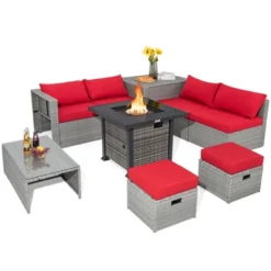 Tangkula 9 Pieces Outdoor Patio Furniture Set W/ 32" Propane Fire Pit Table Sectional Sofa Set W/ Storage Box Black/Gray/Navy/Red/Turquoise/Off White -Beauty house GUEST 5af823c5 911d 4ded 9653 669a6726bb59