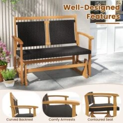 Tangkula Patio Rattan Glider Bench Swing Gliding Rocker For 2 W/ Acacia Wood Frame -Beauty house GUEST 5cca7d93 8ad1 435c 9ccd 4195f697fe9b