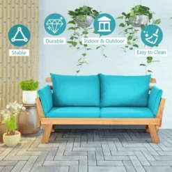 Tangkula Adjustable Patio Sofa Daybed Acacia Wood Furniture W/ Navy & Turquoise Sets Cushion -Beauty house GUEST 5d4c463d 25ec 4750 9763 d2445b1766f5