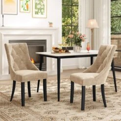 Tangkula Upholstered Dining Chairs Set Of 2 Tufted Wingback Chairs W/ Solid Wood Legs