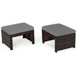 Tangkula 2 PCS Outdoor Wicker Ottoman Patio Rattan Furniture Metal Footrest Seat Square Footstool With Cushion -Beauty house GUEST 5e4aaede fc9d 48a5 95e6 c29a76ddc94b