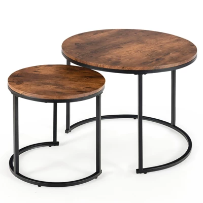 Tangkula 2PCS Stacking Metal Legs Modern Side Round Nesting Coffee Table W/ Wooden Tabletop For Living Room Rustic Brown/Brown 10 Tangkula 2PCS Stacking Metal Legs Modern Side Round Nesting Coffee Table W/ Wooden Tabletop For Living Room Rustic Brown/Brown - Image 8