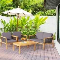 Tangkula 4PCS Patio Acacia Wood Furniture Set PE Rattan Conversation Set W/ Grey Cushions 18 Tangkula 4PCS Patio Acacia Wood Furniture Set PE Rattan Conversation Set W/ Grey Cushions -Beauty house GUEST 5f067b04 fff1 458b acf8 471fb0c43dcf