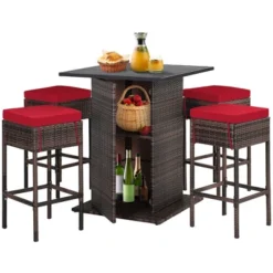 Tangkula Tangkula 5PCS Patio Bar Set Rattan Bar Furniture Set W/ Table & 4 Cushioned Stools Red -Beauty house GUEST 5f2b6452 d3a2 476f 8750 32451c29b668