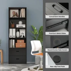 Tangkula 74” Tall Bookcase 4-tier Open Bookshelf With 2 Slide-out Drawers Modern Display Shelf With Anti-toppling Device Multipurpose Wooden Storage Organizer White/Black -Beauty house GUEST 5ff65e49 66c1 48bc 9483 b7ed260a1229