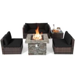 Tangkula Patio Rattan 6PCS Cushioned Sofa Set Furniture Set Thick Cushion With 34.5" Fire Pit Table For Garden Black/Blue/Red/Turquoise/Off White -Beauty house GUEST 60b83828 7916 4285 b772 75dd711e866f
